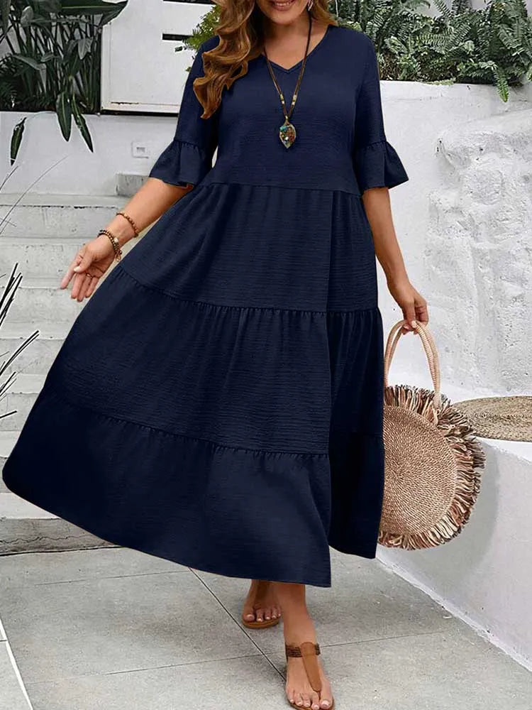 Plus Size Solid Color Bohemian Maxi Dress – Elegant Summer Fit and Flare