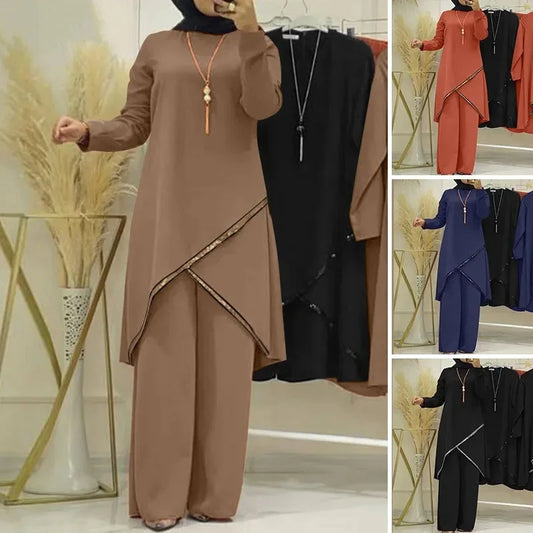 Moroccan Stylish Women’s Ensemble | Trending Two-Piece Muslim Set | Solid Blouse & Wide-Leg Pants Kaftan