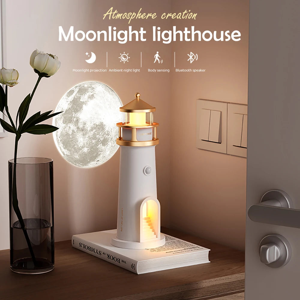 Moon Projection Lighthouse Night Light – Motion Sensor, Dimmable Ambient Lamp with Bluetooth Music, Timer Function – Transparent Version Gift for Christmas & Birthdays