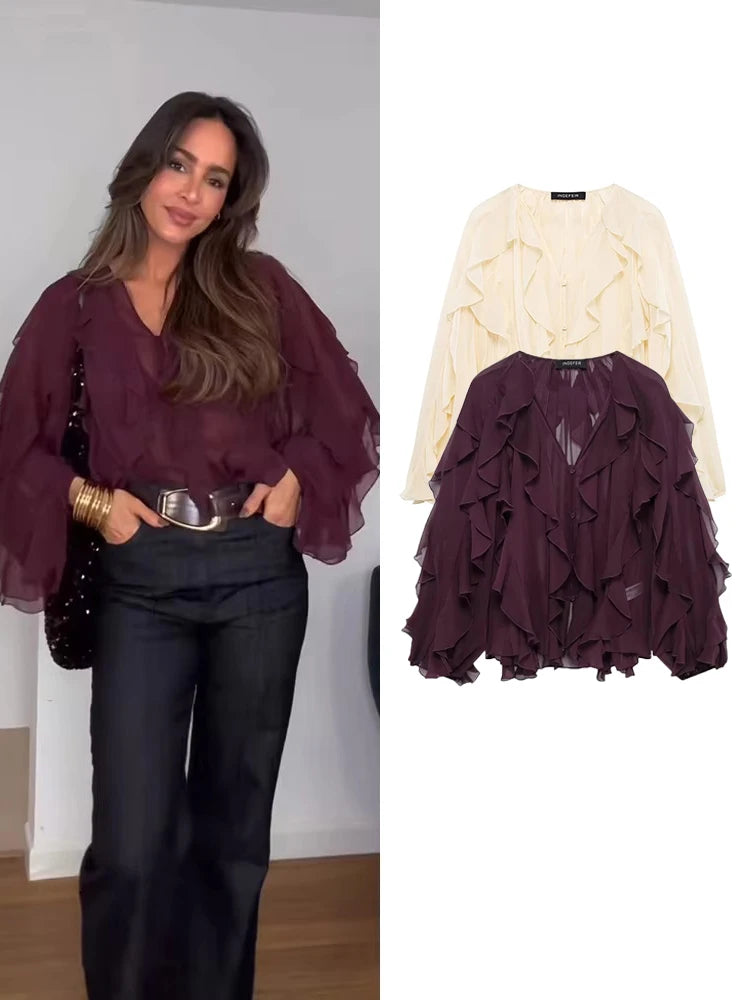 Women’s Translucent Ruffle Blouse | 2025 New Fashion V-Neck Buttoned Tiered Casual Beach Top