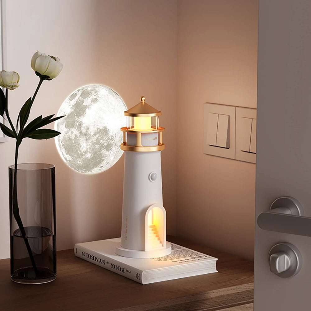 Moon Projection Lighthouse Night Light – Motion Sensor, Dimmable Ambient Lamp with Bluetooth Music, Timer Function – Transparent Version Gift for Christmas & Birthdays