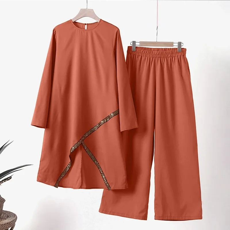 Moroccan Stylish Women’s Ensemble | Trending Two-Piece Muslim Set | Solid Blouse & Wide-Leg Pants Kaftan