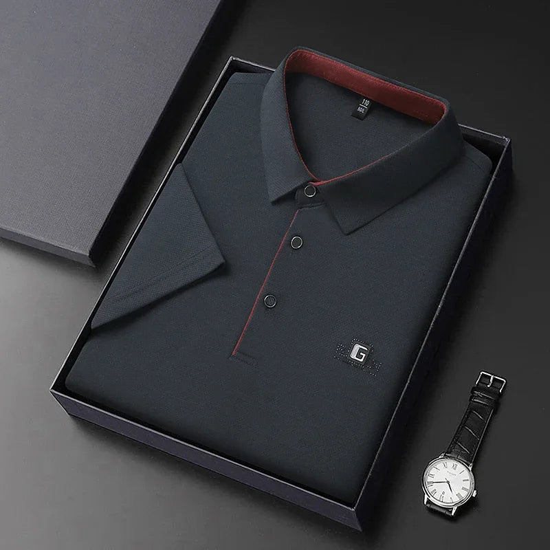 Men's Business Casual Polo Shirt – Short Sleeve Solid Colour with Badge