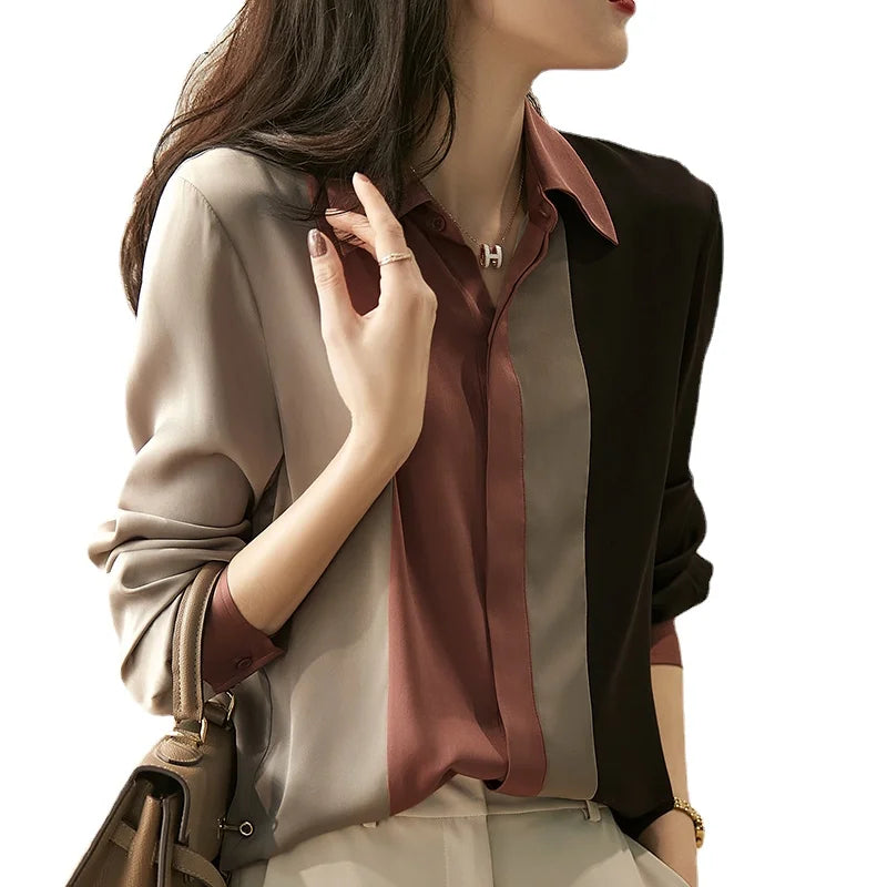 Spring Vintage Satin Women’s Blouse – Long Sleeve Polo Collar Button Shirt, Elegant Casual Loose Top