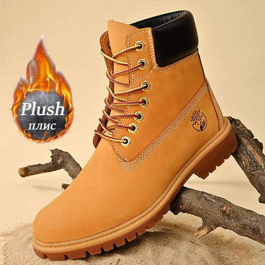 Men’s High Top Leather Boots – Winter Plush Warm Ankle Shoes, Outdoor Non-Slip Lace-Up Sneakers