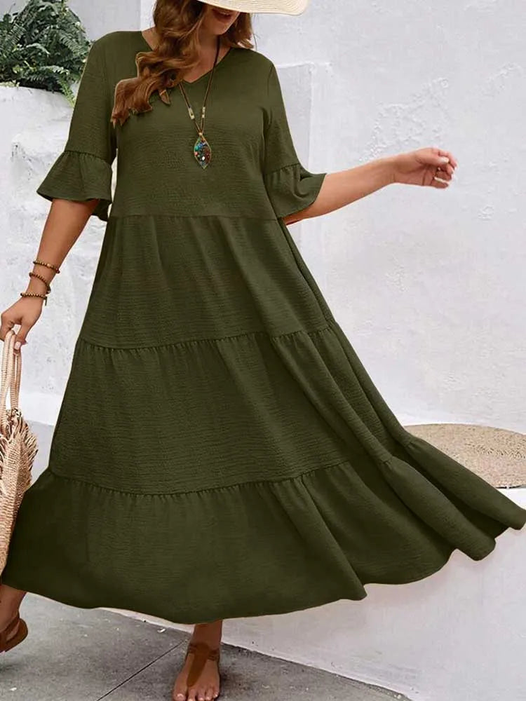 Plus Size Solid Color Bohemian Maxi Dress – Elegant Summer Fit and Flare