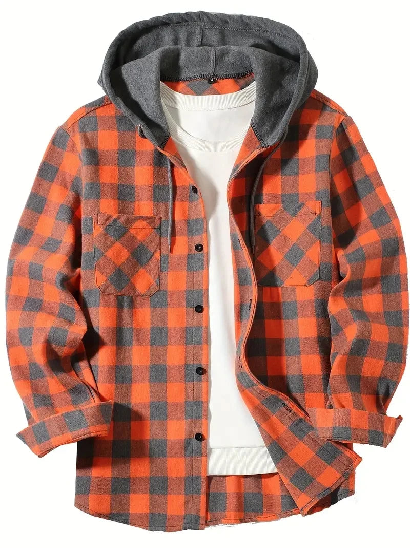 Men’s Classic Plaid Flannel Shirt Jacket with Hood, Long Sleeve Casual Button-Down Double Pockets – Autumn Tops