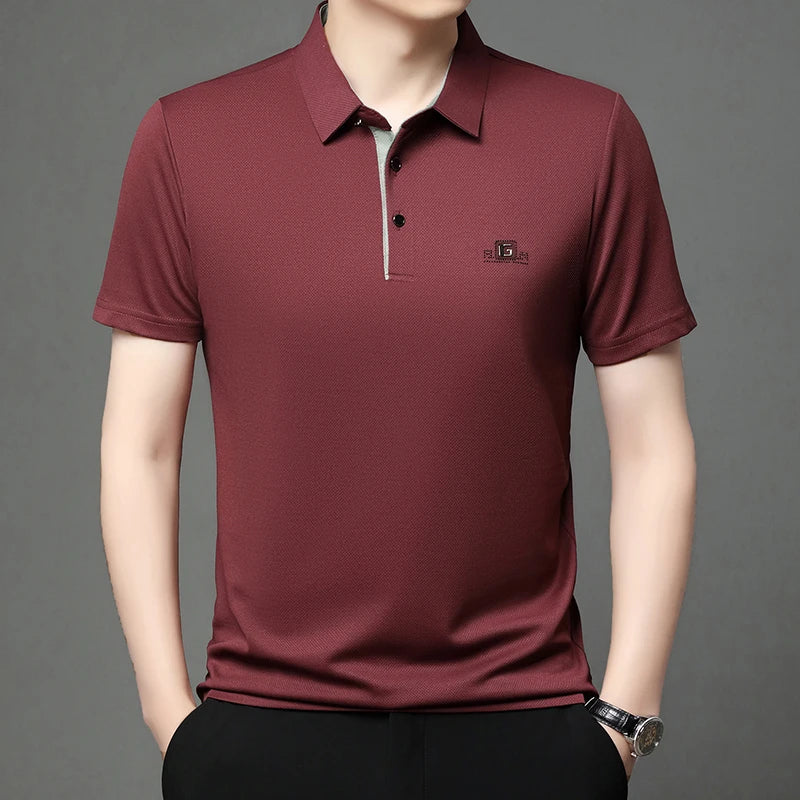 Men's Business Casual Polo Shirt – Short Sleeve Solid Colour with Badge