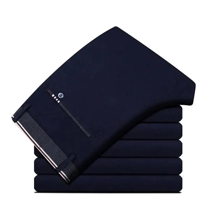 Men's Elastic Straight Pants Business Casual Long Suit Pants Male Formal Trousers Solid Colours – Black & Blue