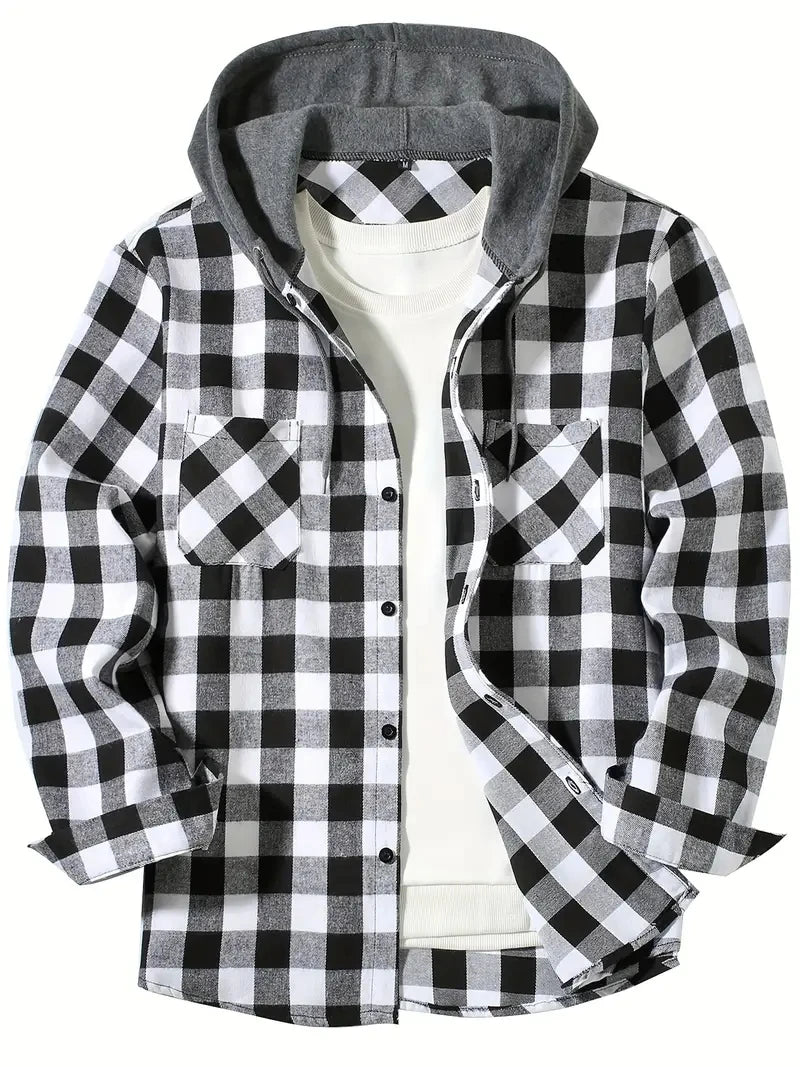 Men’s Classic Plaid Flannel Shirt Jacket with Hood, Long Sleeve Casual Button-Down Double Pockets – Autumn Tops