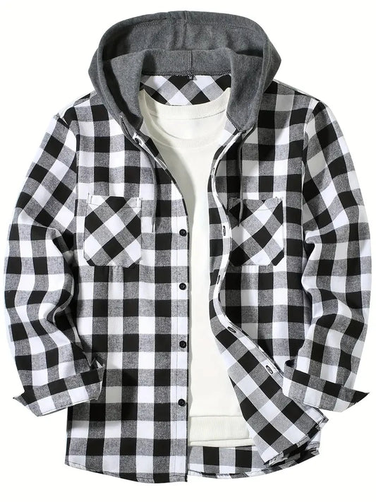 Men’s Classic Plaid Flannel Shirt Jacket with Hood, Long Sleeve Casual Button-Down Double Pockets – Autumn Tops