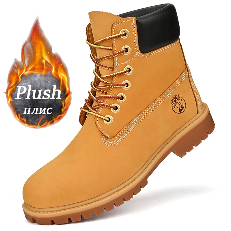 Men’s High Top Leather Boots – Winter Plush Warm Ankle Shoes, Outdoor Non-Slip Lace-Up Sneakers