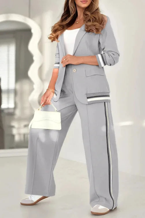 Women's Elegant Patchwork Two-Piece Set – Button Coat & High-Waist Wide-Leg Pants with Pockets