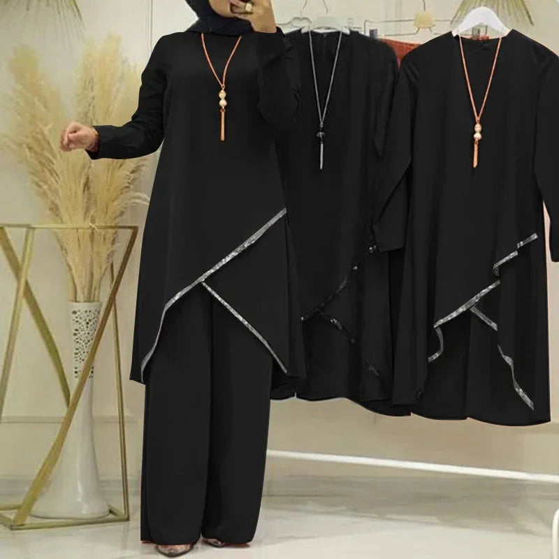 Moroccan Stylish Women’s Ensemble | Trending Two-Piece Muslim Set | Solid Blouse & Wide-Leg Pants Kaftan